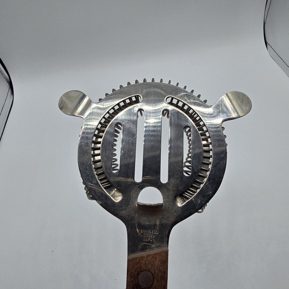 Vintage MCM Cocktail Strainer Stainless Steel & Wood Handle Bar Accessory - Picture 4 of 7
